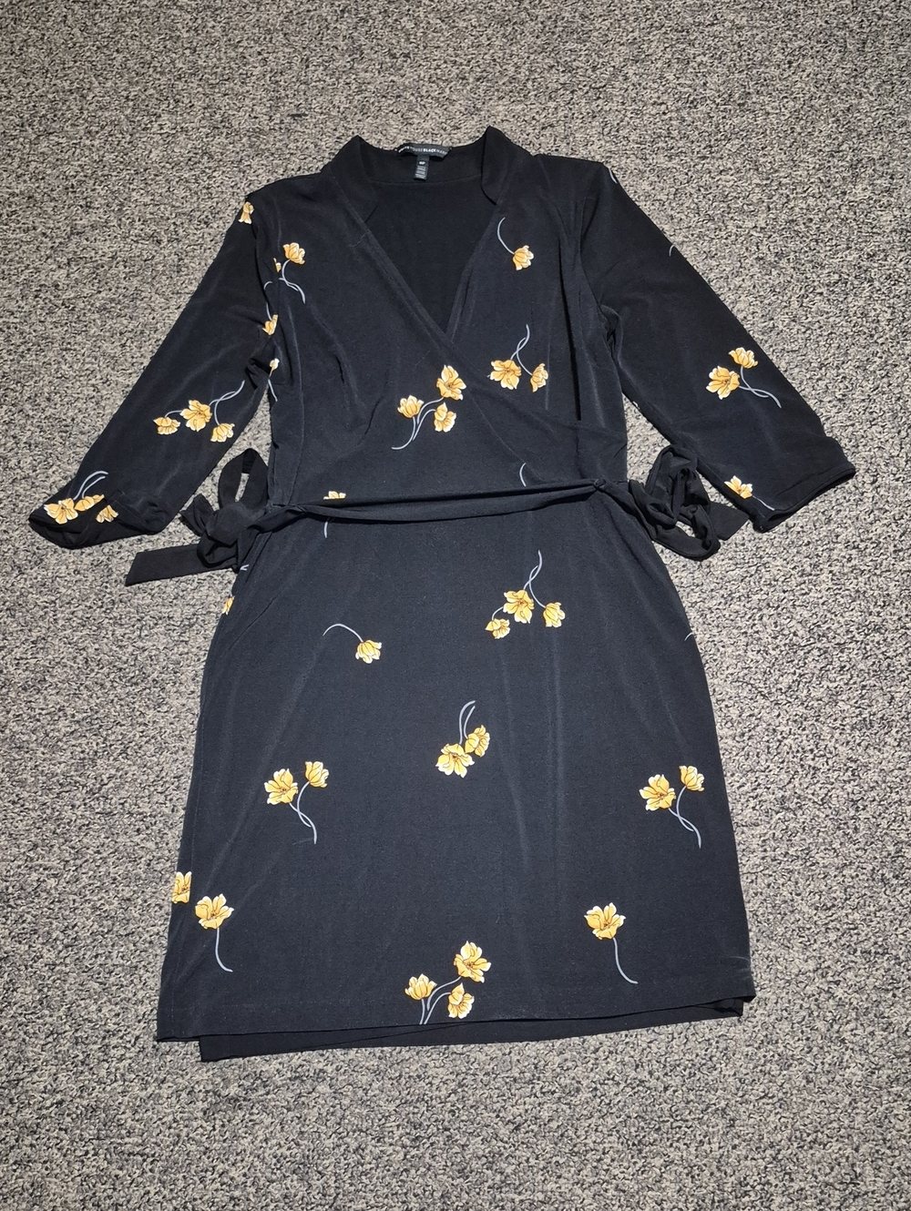 White House Black Market Lined Black Midi Wrap Dress with Yellow Floral Accents
